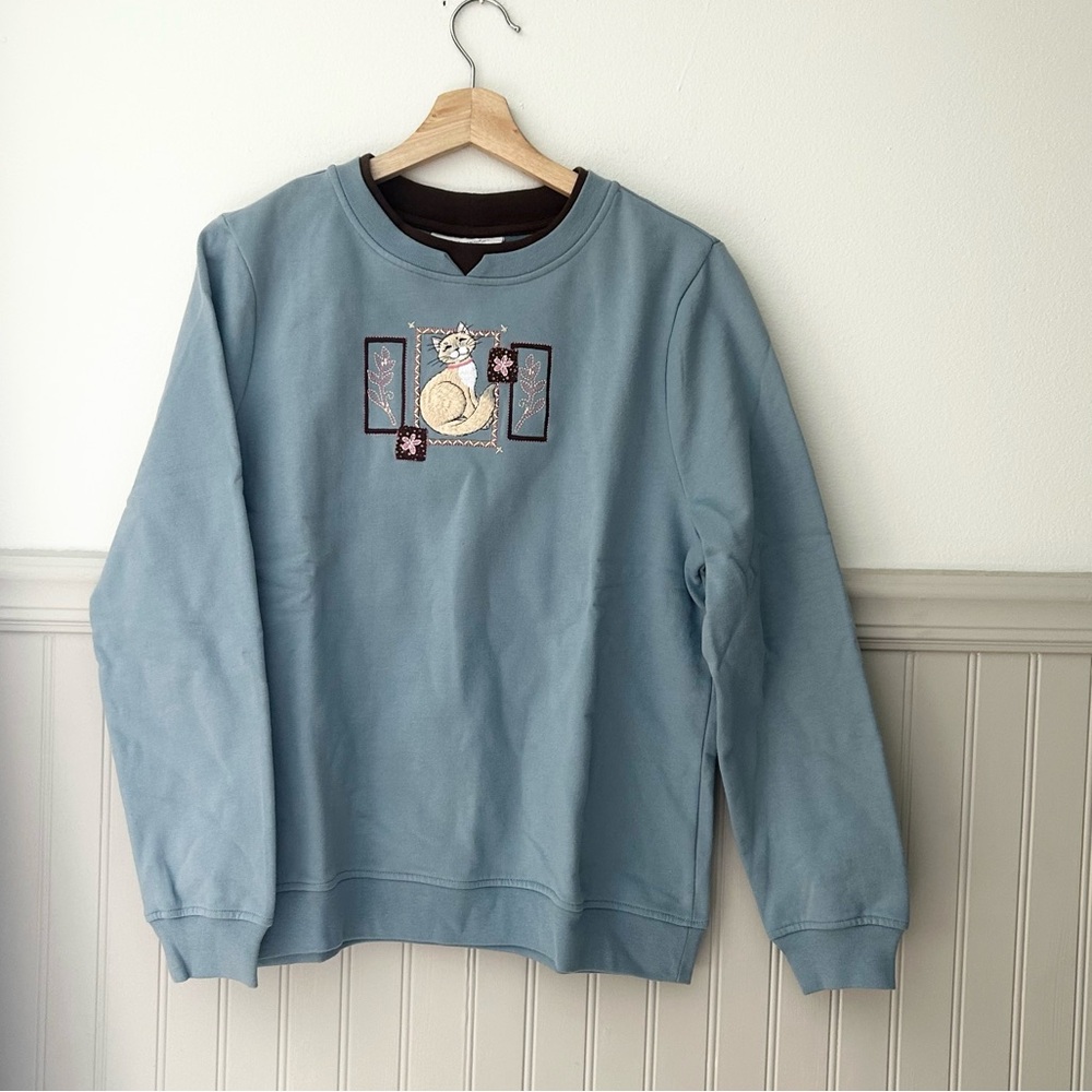 Vintage Breckenridge Medium Blue Embroidered Cat Sweatshirt